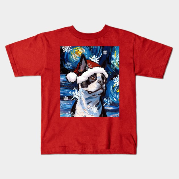 Boston Terrier Santa Kids T-Shirt by sagittariusgallery
